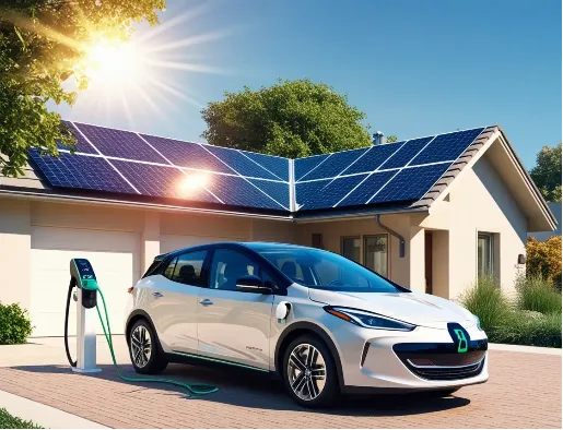 Automóvil cargando frente a casa con paneles solares en el techo